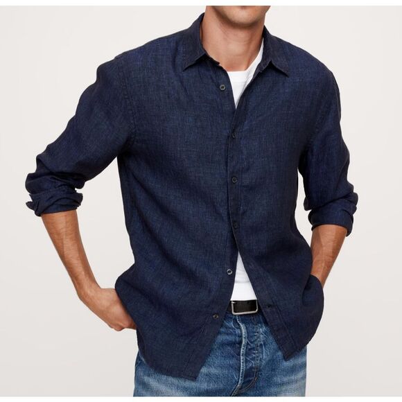 Banana Republic Men's Sz M Navy Blue Standard-Fit Button Down Linen Shirt $85 - Picture 15 of 15